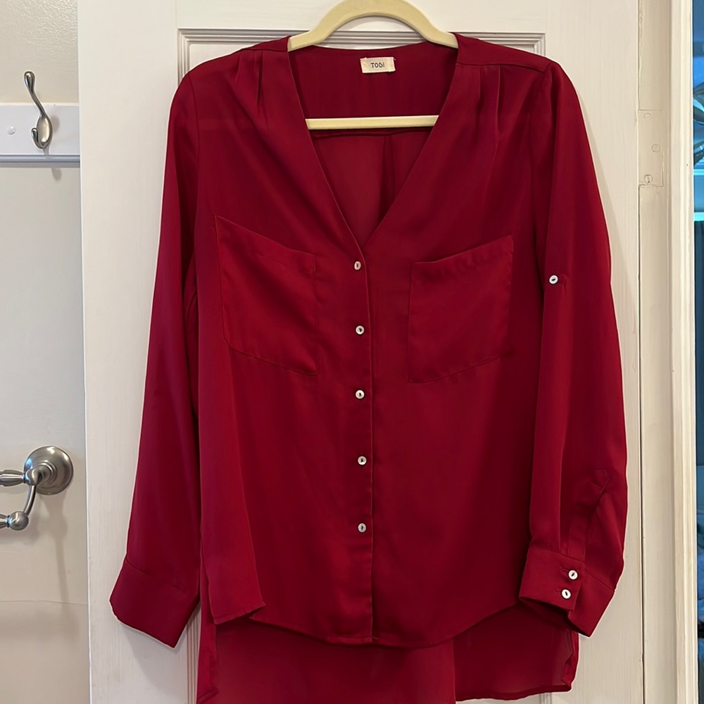 Maroon button-down Tobi top